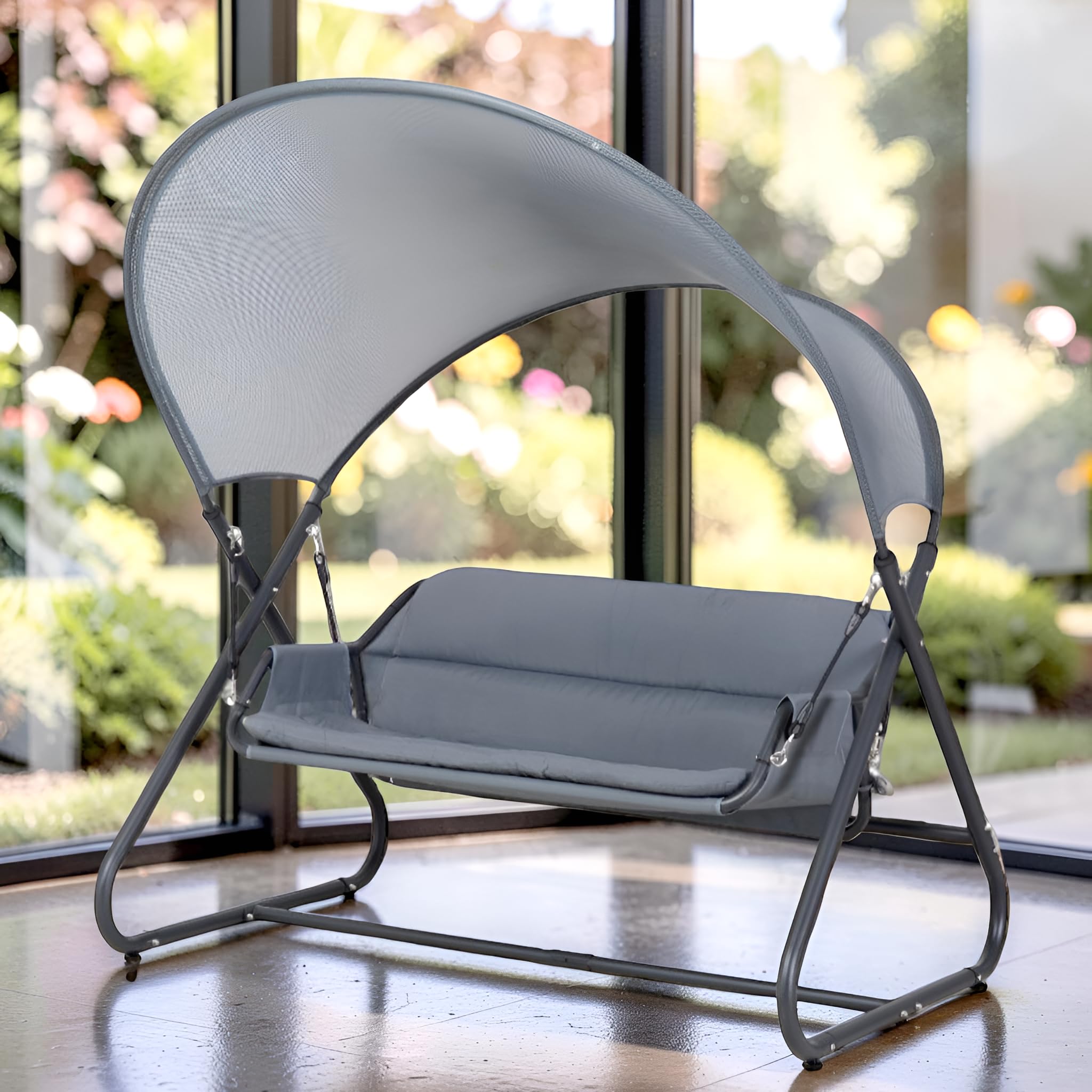 Solwet Steel Indoor Outdoor Swing with Canopy, Jhula 2 Person Seater 160 Kg Weight, Polyester Cushion for Patio, Balcony, Terrace, Garden, Porch, Deck, Poolside Mid Grey Color (W166 * D145 * H190 cm)-image-3