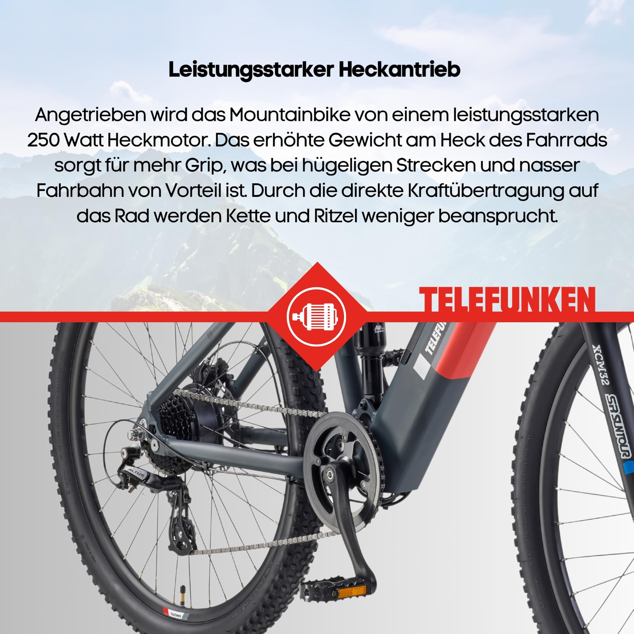 TELEFUNKEN E-Bike Mountainbike Elektrofahrrad Alu, 8 Gang Kettenschaltung - Pedelec MTB 27,5 Zoll, Hinterradmotor, 250W, Hydr. Scheibenbremsen, Grau, Aufsteiger M936
