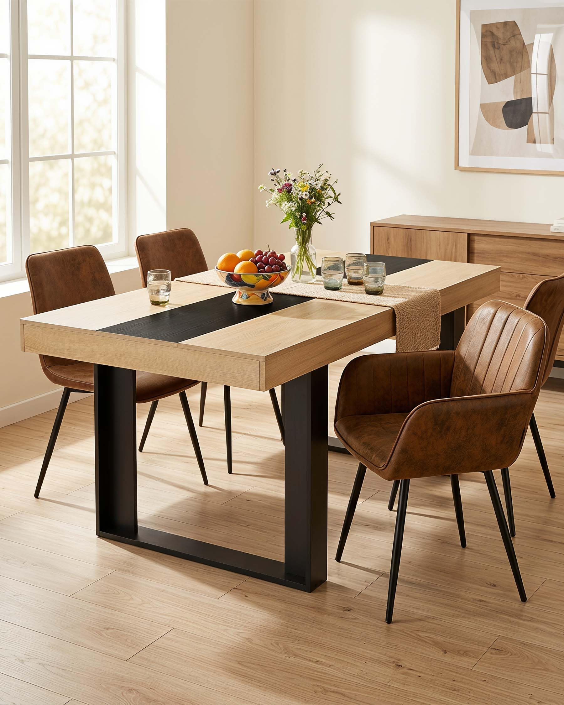 Mesa de Comedor Madera Haya Mesa Cocina 4 a 6 Personas 160×80×75cm | La franja central negra y el marco grueso crean un estilo industrial mientras dos bastidores de madera en U aportan apoyo
