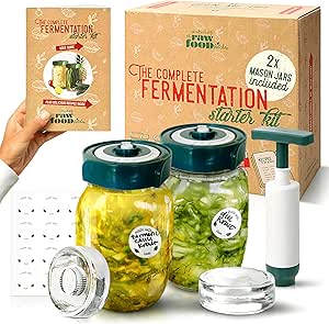 Fermentation Kit for Beginners - 2 x 1L Wide Mouth Fermenting Jars - Airlock Lids for Easy Use - Glass Weights for A Safe Ferment - Handy Recipe Book - Guide &amp; Labels