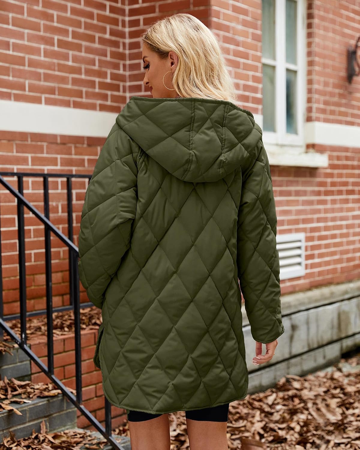 WHN Long Jackets for Women Fashion Hooded Oversize Coat Button-Down Diamond Quilted Lightweight Jackets(Army Green,S)