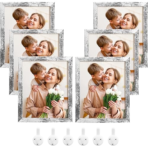 SYNTRIFIC 8x10 Picture Frames Set of 6,Rustic Distressed White Farmhouse Picture Frame Wood Pattern High Definition Glass for Tabletop Display and Wall Mounting Home Decorative Photo Frames