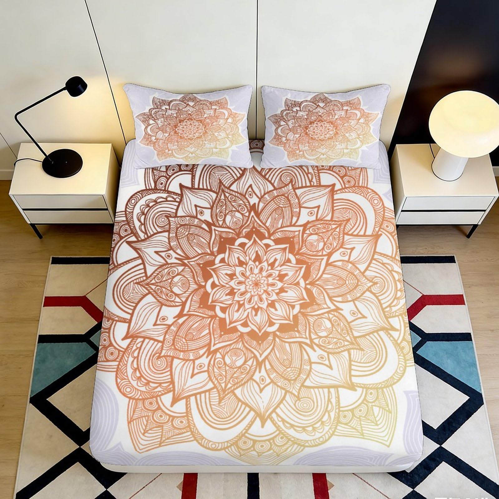 3D Printed Mandala Fitted Sheet Microfiber Elastic Hem Non-Slip Deep Pocket Mandala Mattress Fitted Cover Bedroom Adult Washable 200x200x25cm