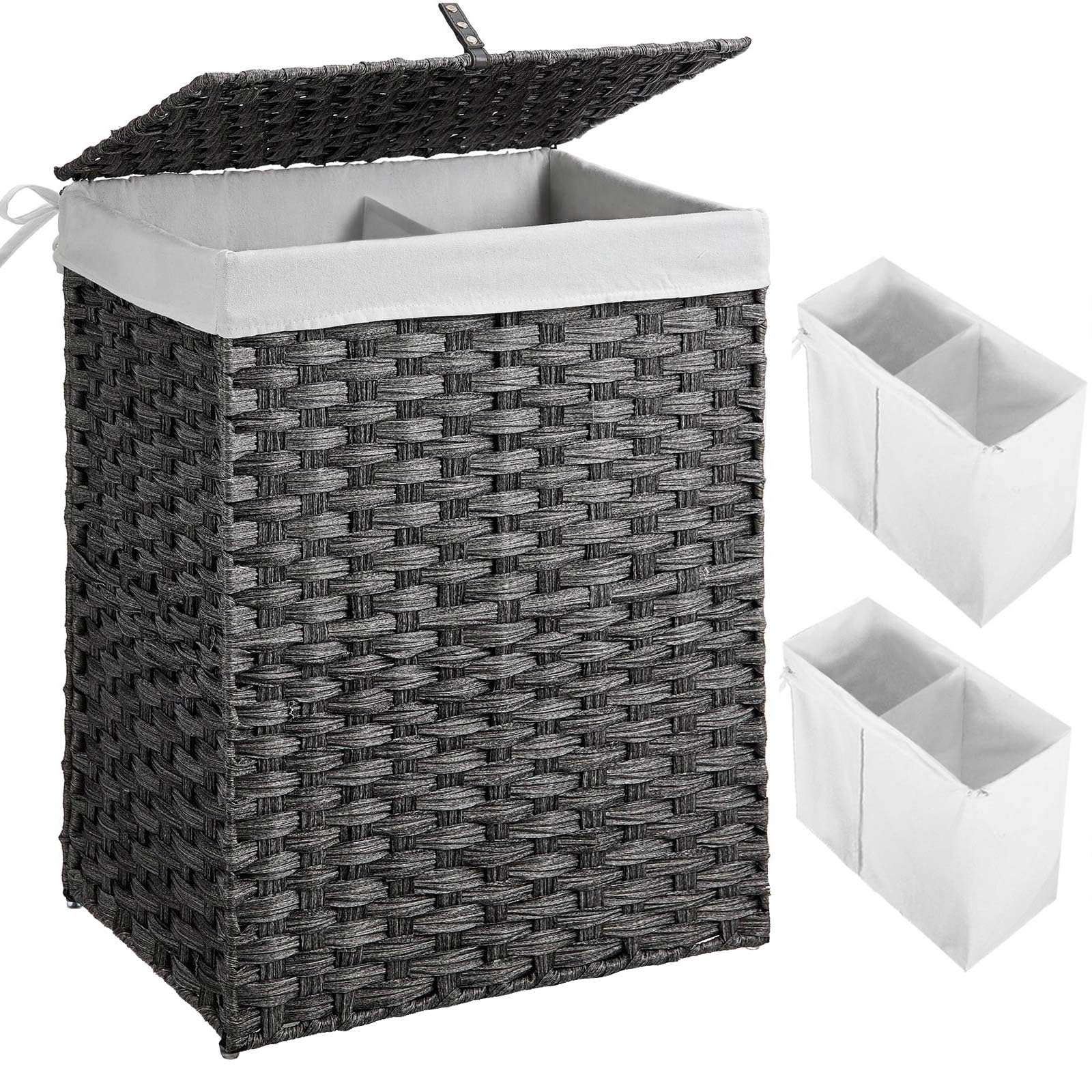 Greenstell Laundry Hamper with 2 Removable Liner Bags - 90L Divided Clothes Hamper, Handwoven Synthetic Rattan Foldable Laundry Basket with Lid and Handles Gray (18.3x13.3x24.0Inches)