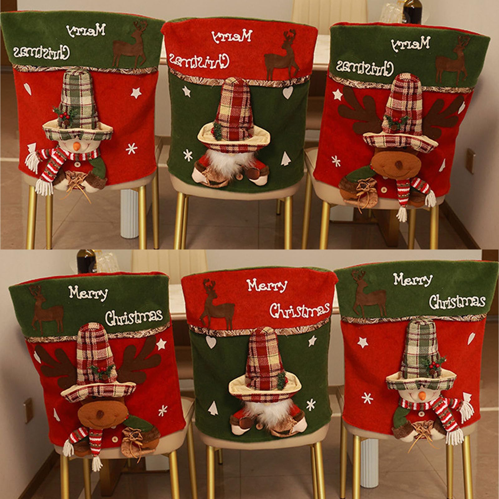 Juego de 6 fundas para sillas de comedor navideñas, 3 y 6 unidades, diseño de Papá Noel, muñeco de nieve, reno (46 x 54 cm)