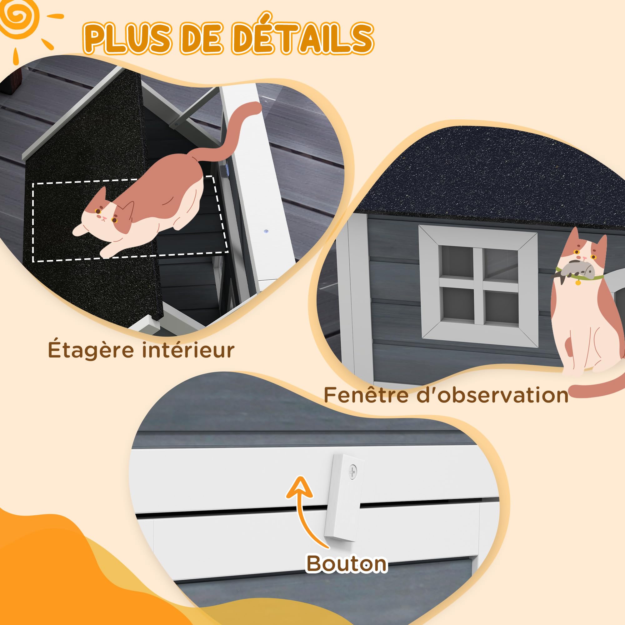 PawHut Maison pour Chat en Bois, Niche pour Chat, fenêtre en plexiglas, Porte à lamelles, Toit bitumé ouvrable et 3 Portes, Pieds en Plastique, 77 x 57,5 x 68 cm, Gris