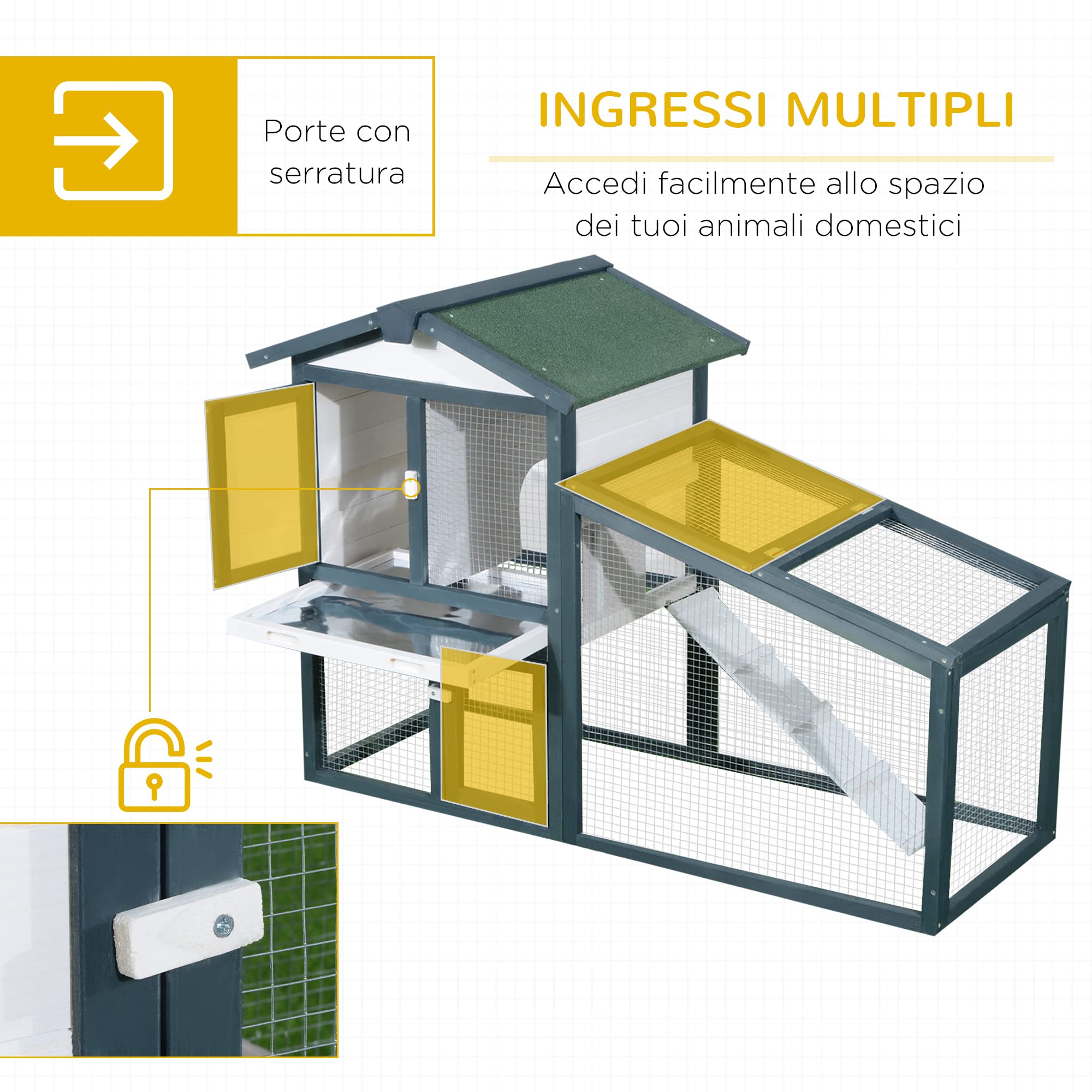 PawHut Gabbia per Conigli Animali in Lengo di Abete Doppia Porta 140 x 65 x 100cm Verde e Bianco