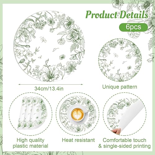 Miniatura 2 de Juego de 6 manteles individuales redondos de plástico chinoiserie de 13.4 pulgadas, lavables, de vinilo con flores verdes, para interiores y