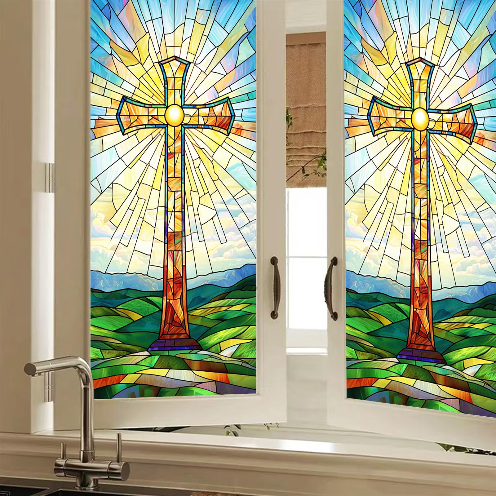 HOMETITUTE Easter Cross Hills Window Film 18 x 39 Inch Stained Glass Mosaic Decorative Privacy Cling PVC Sky Clouds Mountain Religious Faith Glass Panels Spring Decor