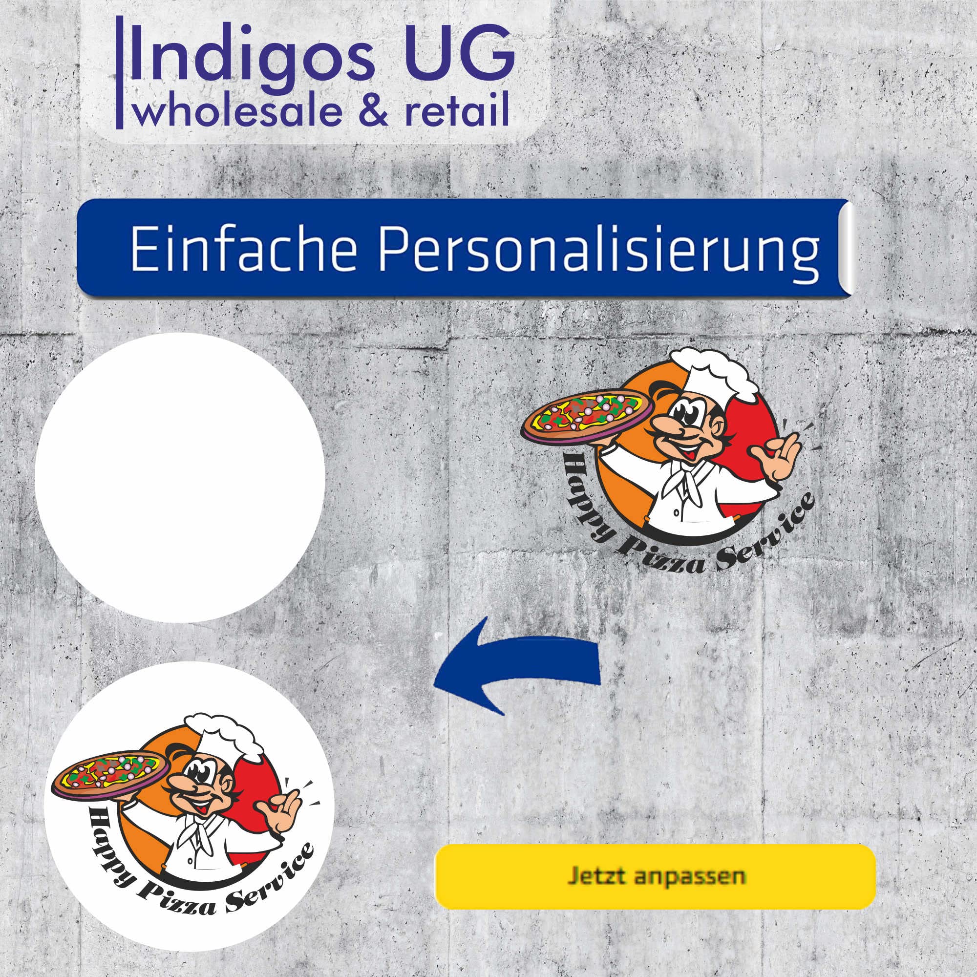 INDIGOS UG - Aufkleber - rund 140 mm - 50 Stück - Firmenaufkleber - Bild - Logo - individuell personalisiert - für Büro, Hotel, Firma - selber gestalten - gedruckt