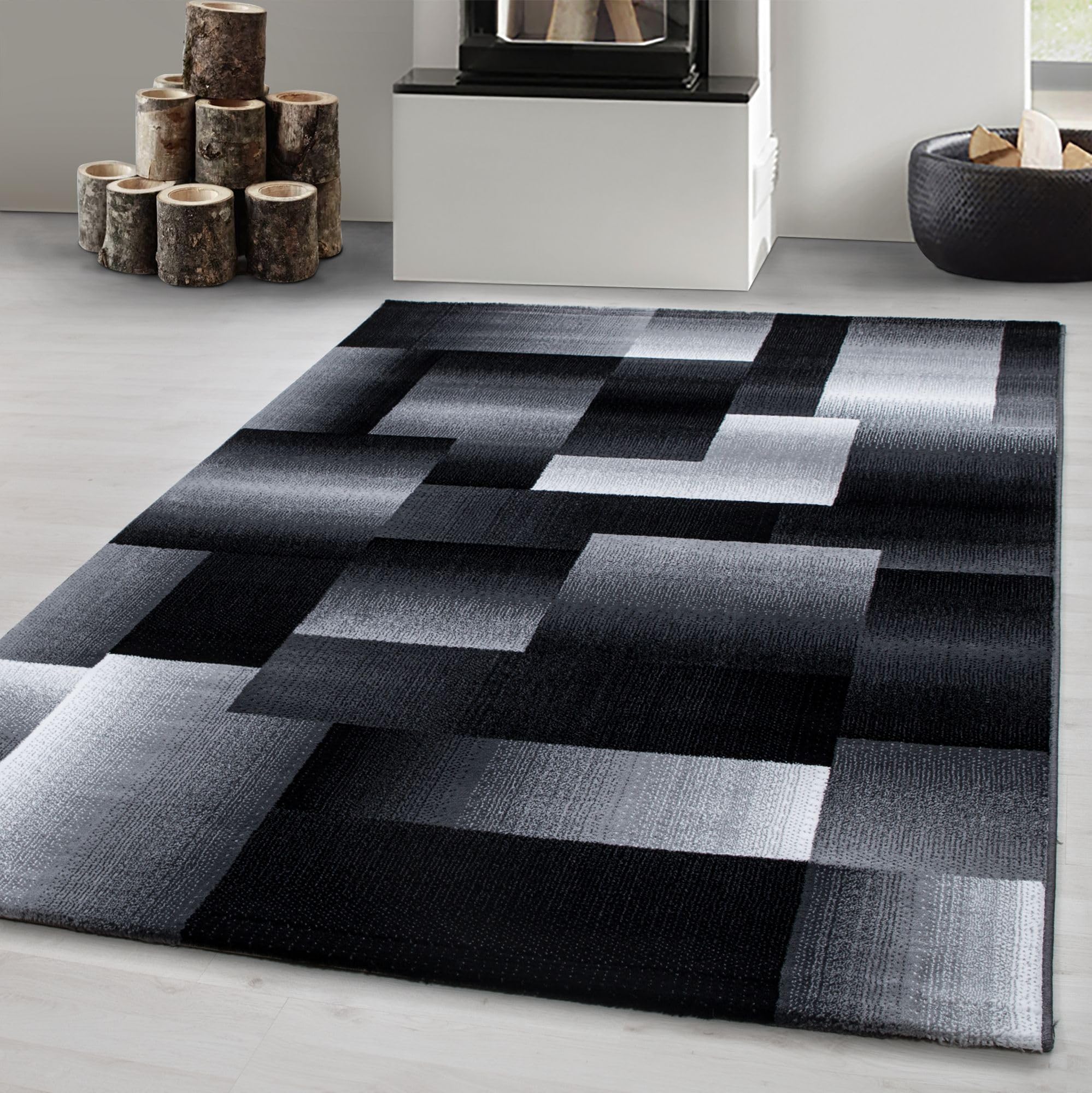 Carpetsale24 Kurzflor Teppich Modern Abstrakt Kariert Design in Schwarz Grau Weiß, Pflegeleichtes Wohnaccessoire für Wohnzimmer, Schlafzimmer, Jugendzimmer, Büro oder Flur