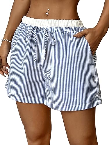 Verdusa Women's Drawstring Waist Striped Shorts Straight Leg Summer Shorts