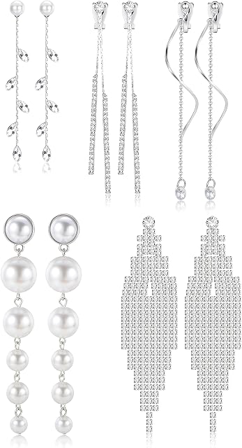 CASSIECA 5 Pairs Clip on Earrings for Women Girls Drop Earrings Fashion Long Tassel Earrings Statement Rhinestone Pearl CZ Dangle Earrings Non Pierced Ears Chain Earrings Set Jewelry for Wedding Prom