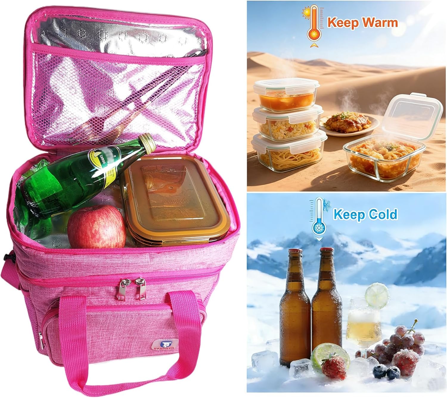 Insulated Lunch Box for Women, Double Decker Pink Lunch Bag Work Picnic Cooler Bag, Durable Leakproof Lunch Pail Camping Beach Food & Drink Thermal Box Outdoor Lunchbox, 14L (Rose)