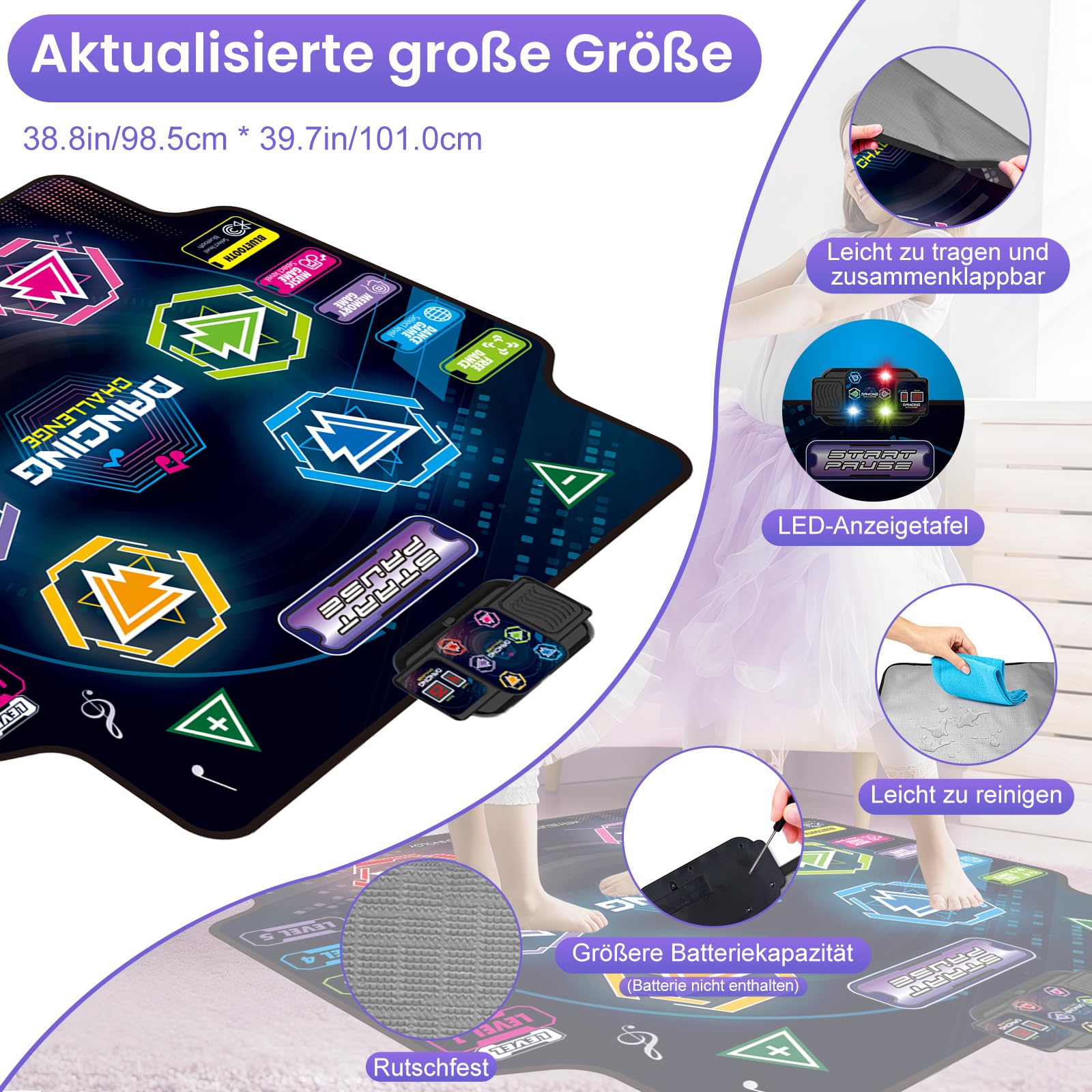 Tanzmatte für Kinder ab 3-12 Jahre, 2026 Musikmatte mit 6 LED-Lichtern&Bluetooth, 5 Modi, Tanzmatte für mädchen/jungen mit interaktive LED-Batteriebox, spielzeug geschenk mädchen 3 4 5 6 7 8jahre