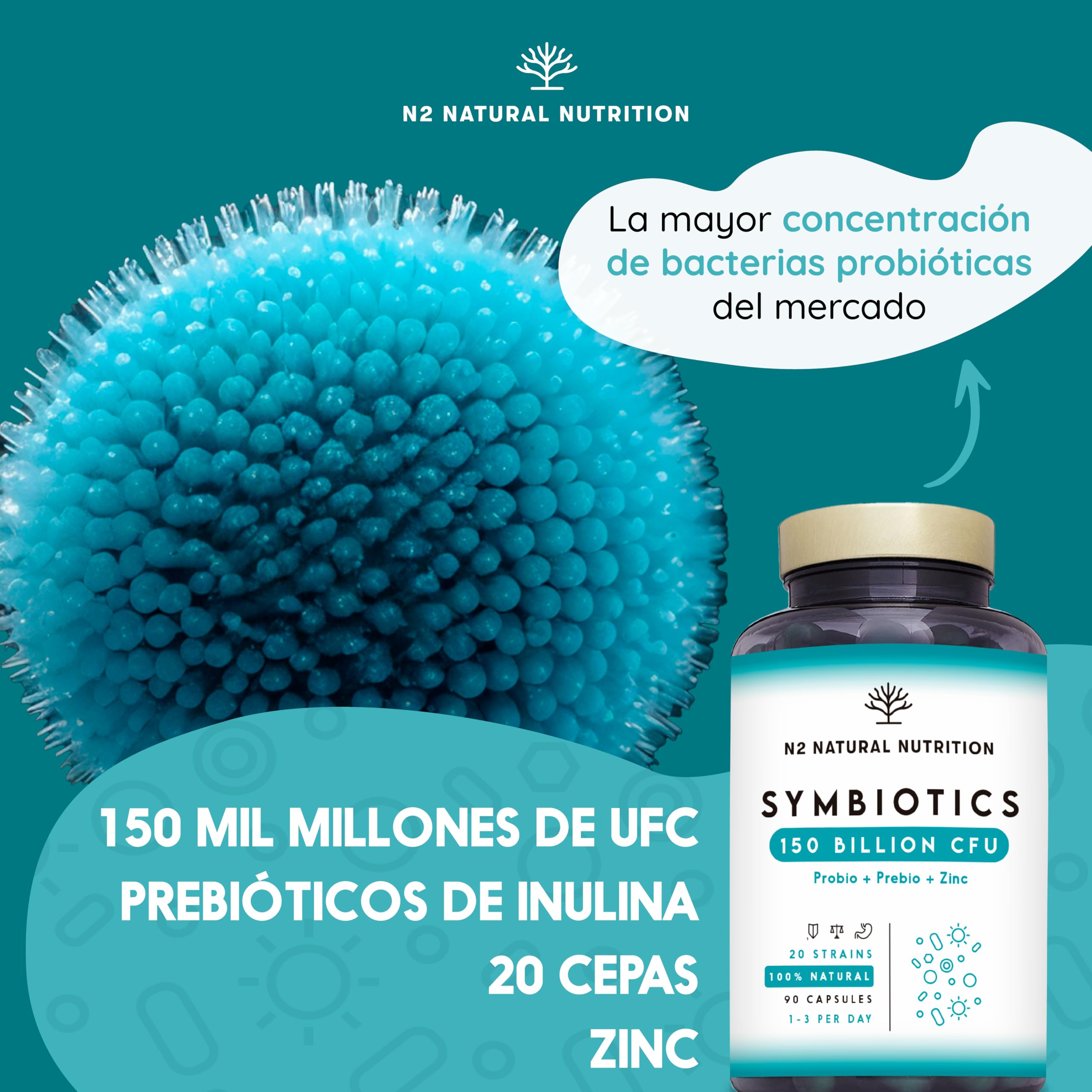 Probioticos 150 mil millones UFC y 20 Cepas. Máxima concentración de Probioticos y Prebioticos intestinales y Zinc. Terapia de choque 76 Días. Colon irritable y gases. Vegano. CE. N2 Natural Nutrition