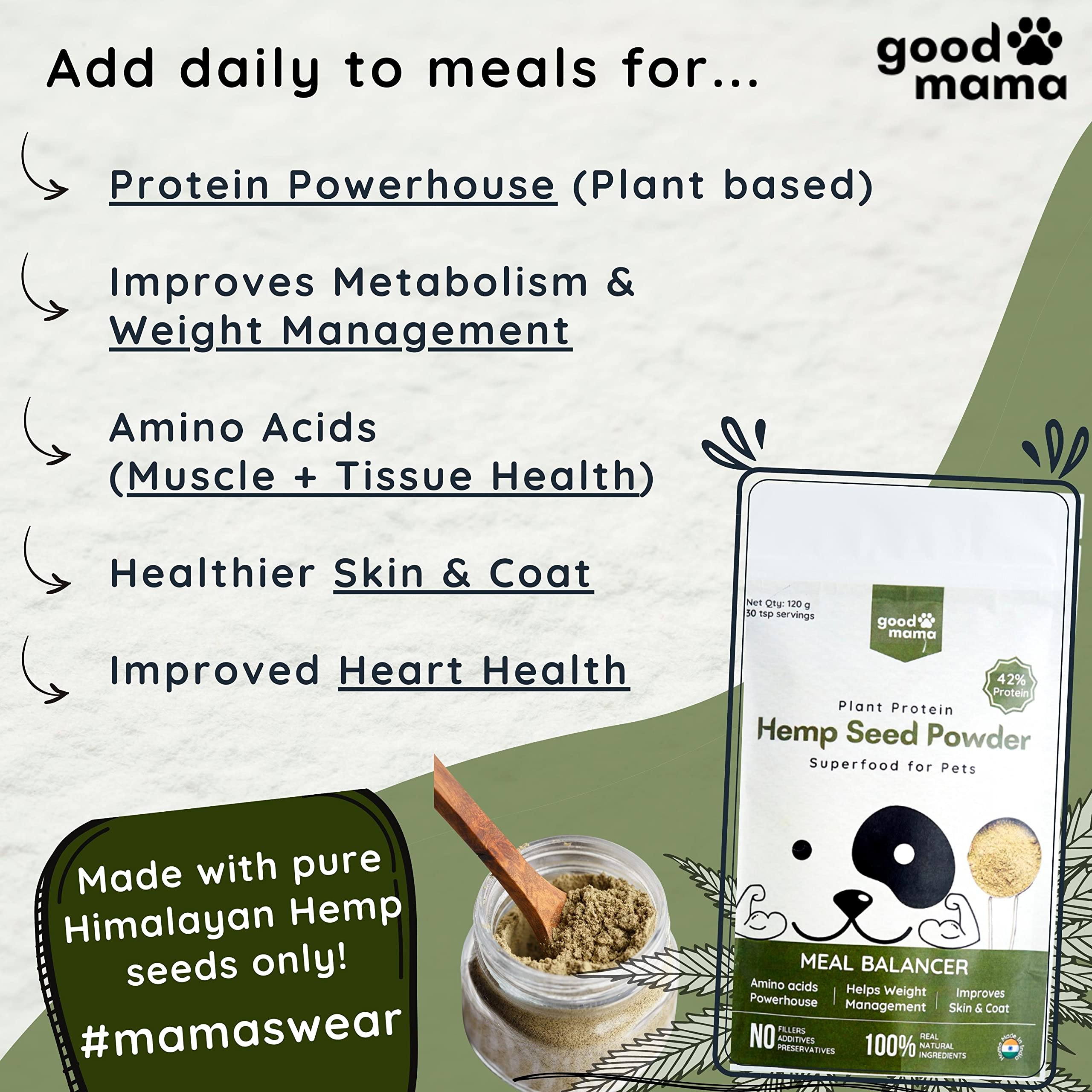 Good Mama Hemp Seed Powder for Pets,Daily SuperFood for Meals,Rich in Plant Protein & Amino Acids,Daily Omega 3-6-9 Meal Topper,Improves Immunity|Skin & Coat|Joint & Muscle Regeneration120 g Pouch 1