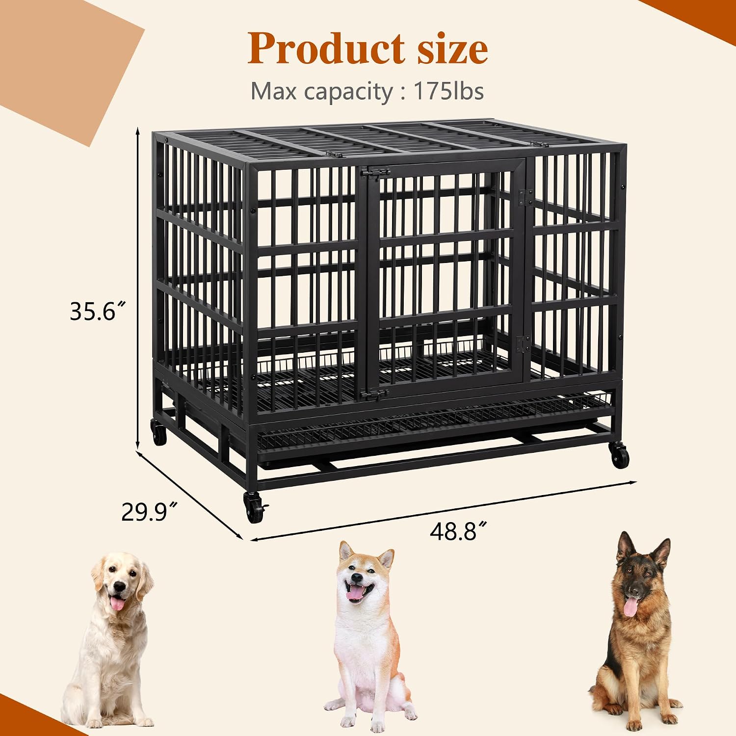 Vongrasig 48/38 Inch Heavy Duty Indestructible Dog Crate Double Doors Escape Proof Cage Kennel,Enhanced Metal Pet Cage,Extra Large XL XXL Crate Indoor for Large Dog with Removable Tray