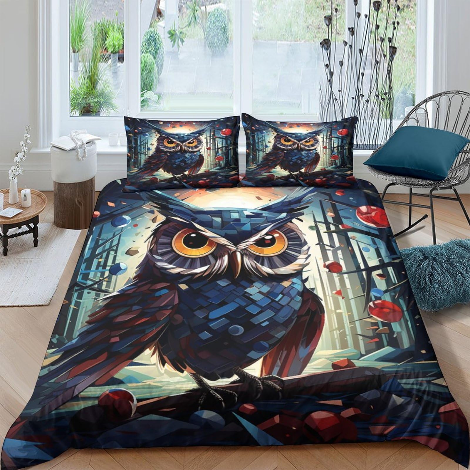 Housse de couette hibou 3D en microfibre souple et hypoallergénique avec ses taies assorties