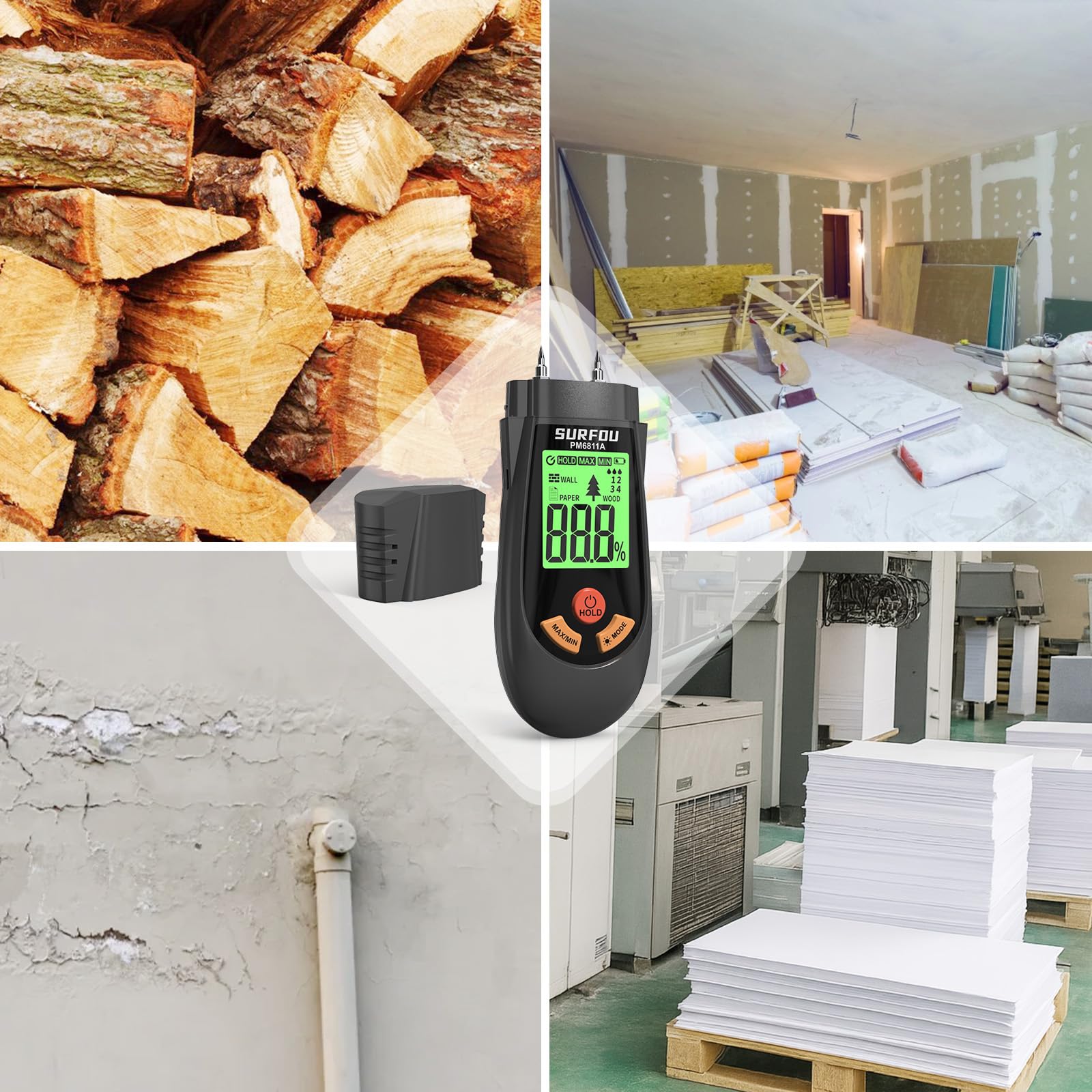 SURFOU Testeur Humidité pour Mur, Bois et Papier, Humidimètre Portable avec 3 Modes, Écran LED et Alarme Tricolore, Hygrometre pour Construction, Bricolage et Rénovation