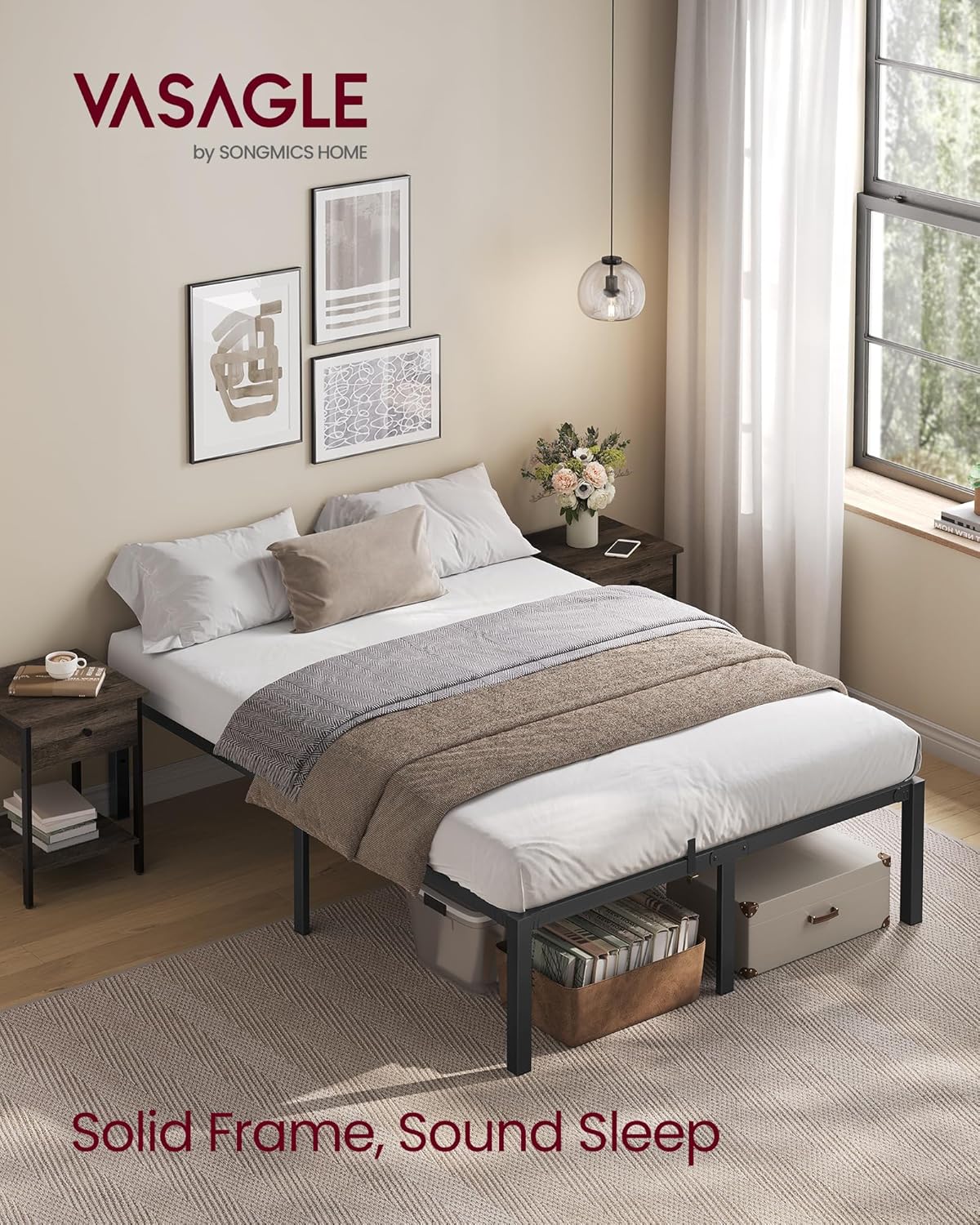 VASAGLE Metal Full Bed Frame, Heavy-Duty Platform Bed Frame Full Size, Quick Assembly, 1500 lb Weight Capacity, Steel Slats, No Box Spring Needed, Ink Black and Forest Green URMB872B01 - Image 5