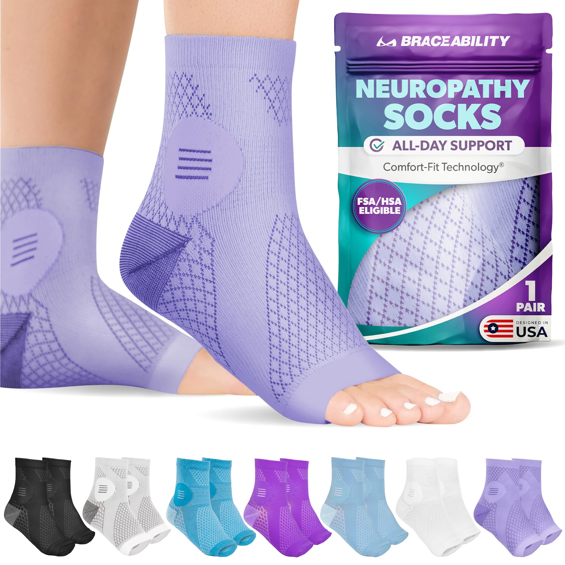 BraceAbility Neuropathy Socks (Pair) - Peripheral Neuritis Compression Diabetic Toeless Foot Sleeves for Nerve Damage Pain in Feet, Ankle Gout, Plantar Fasciitis Relief Brace for Men and Women (Lilac - Standard - 1 Pair, Large)