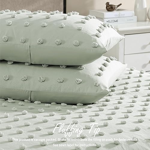 Miniatura 5 de Swift Home Juego de edredón alternativo de plumón de 2 piezas para cama individualindividual XL, color salvia con pompones para todas las