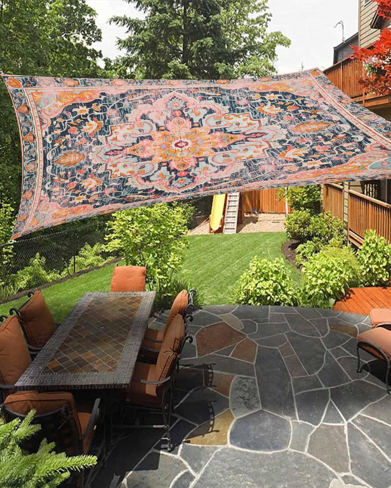 Waterproof Sun Shade Sail Geometric Abstract Carpet Mural Pattern Orange Outdoor Patio Sun Shades Canopy UV Block Water Resistant Sunshade for Garden Backyard Deck Pergola 12x16 Ft