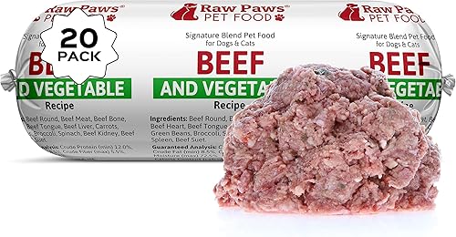 Raw Paws Pet Signature Blend - Alimento crudo congelado para perros y gatos, carne de res y verduras, rollos de 1 libra (paquete de 20) - Alimento