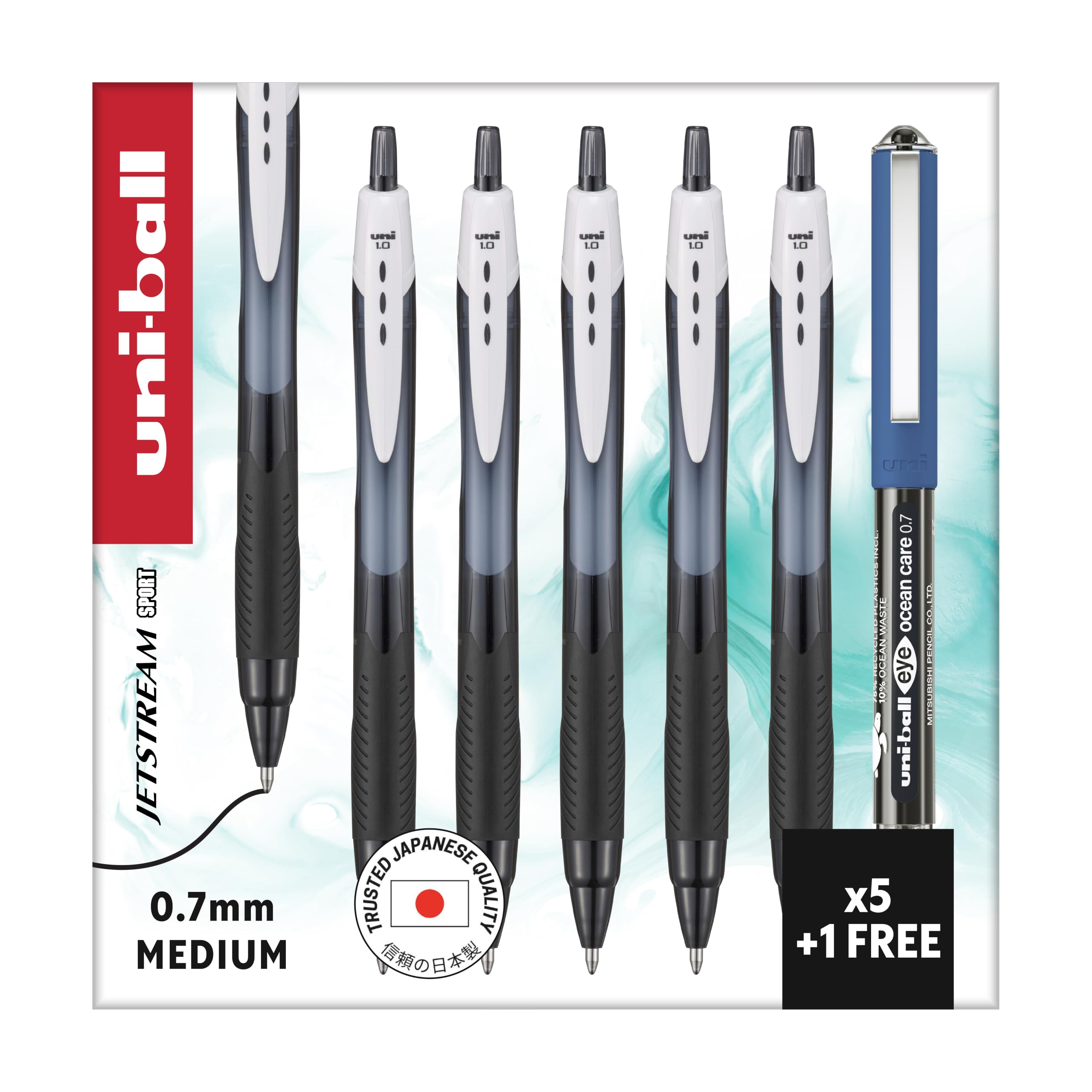 uni-ball Jetstream Sport Pens, 0.7 mm, Black (5-Pack + 1 Free Eye)