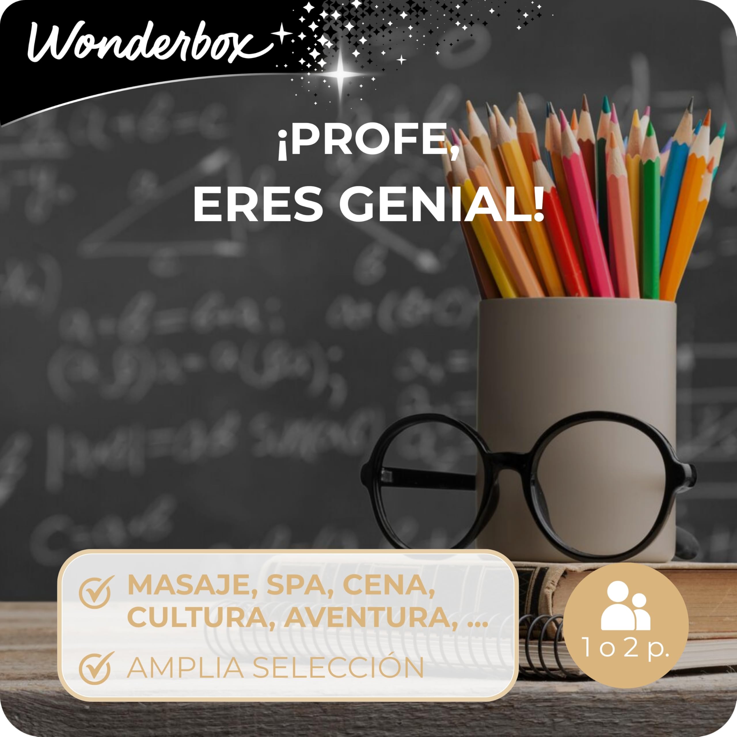 WONDERBOX - Caja Regalo - Profe Eres Genial - 1 Actividad a Elegir: Estancia, gastronomía, Actividad de Bienestar o de Aventura
