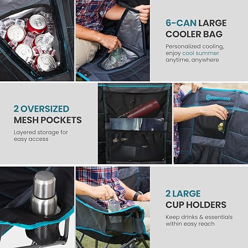 Miniatura 5 de FUNDANGO Silla de campamento doble extra ancha con enfriador, sillas de campamento plegables de gran tamaño para 2 personas para adultos, sofá