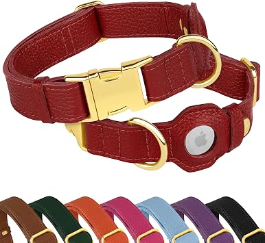Leather Airtag Dog Collar - Soft Tracking Dog Collar with Apple AirTag Holder and Metal Buckle - Safety GPS Pet Collars for Small Medium Large Dogs Puppy Pink Red Red, S, 12"-15" Neck Fit