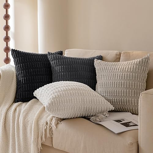 Miniatura 7 de Softalker juego de 4 fundas de cojín de 18x18 pulgadas, terciopelo suave a rayas, funda rústica y decorativa estilo bohemia para cojines, funda