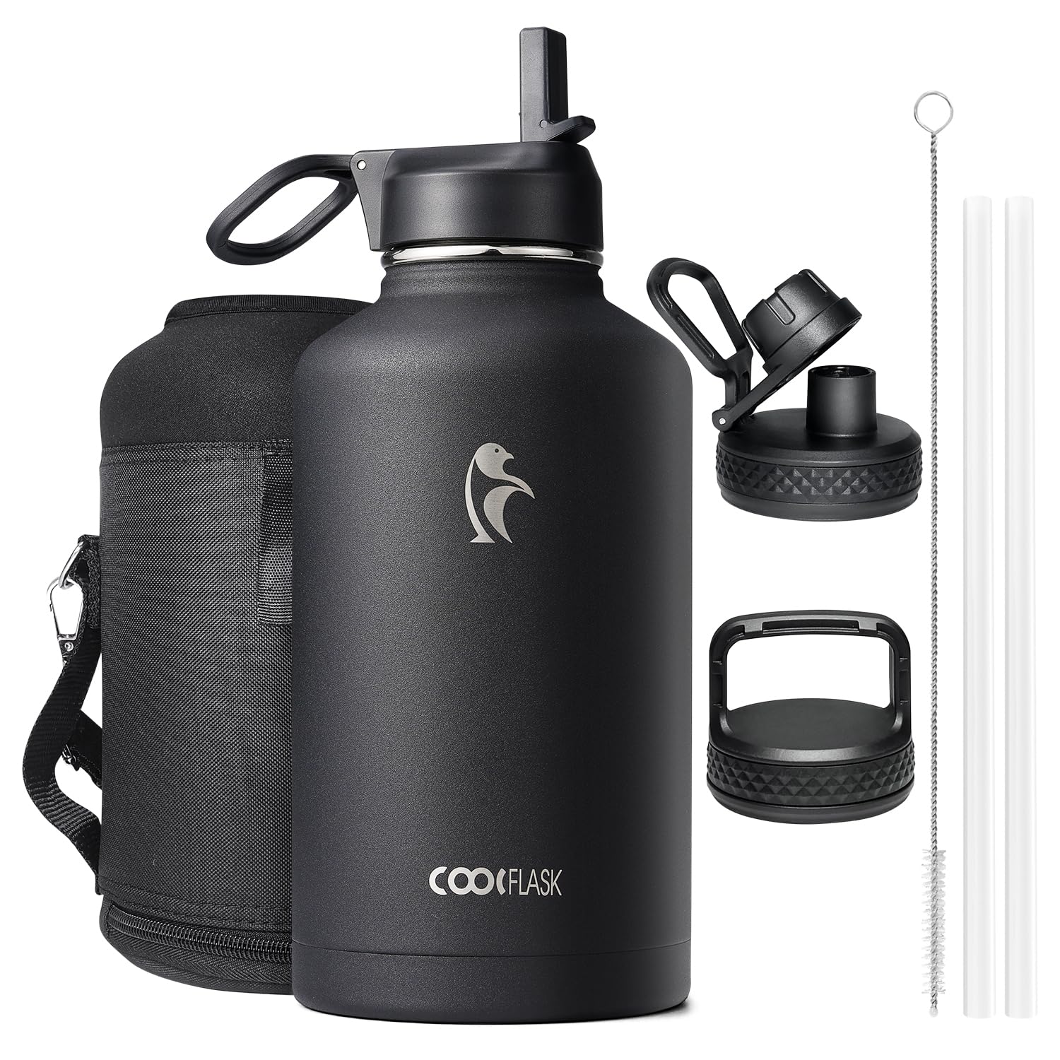 Bottiglia D'acqua Isolata 2L, Bottiglia D'acqua Coolflask con Cannuccia e 3 Coperchi, Doppia Bottiglia D'acqua Fredda e Calda a Prova di Perdite Sottovuoto, Nero