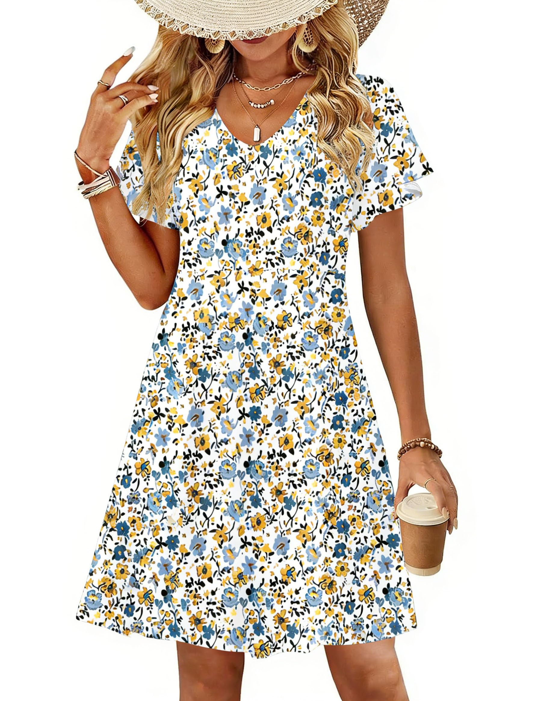 Zeagoo Womens Summer Dress Casual Swing Sundresses Floral Ruffle Short Sleeve Wedding Guest Dress Beach Mini Dress 2026