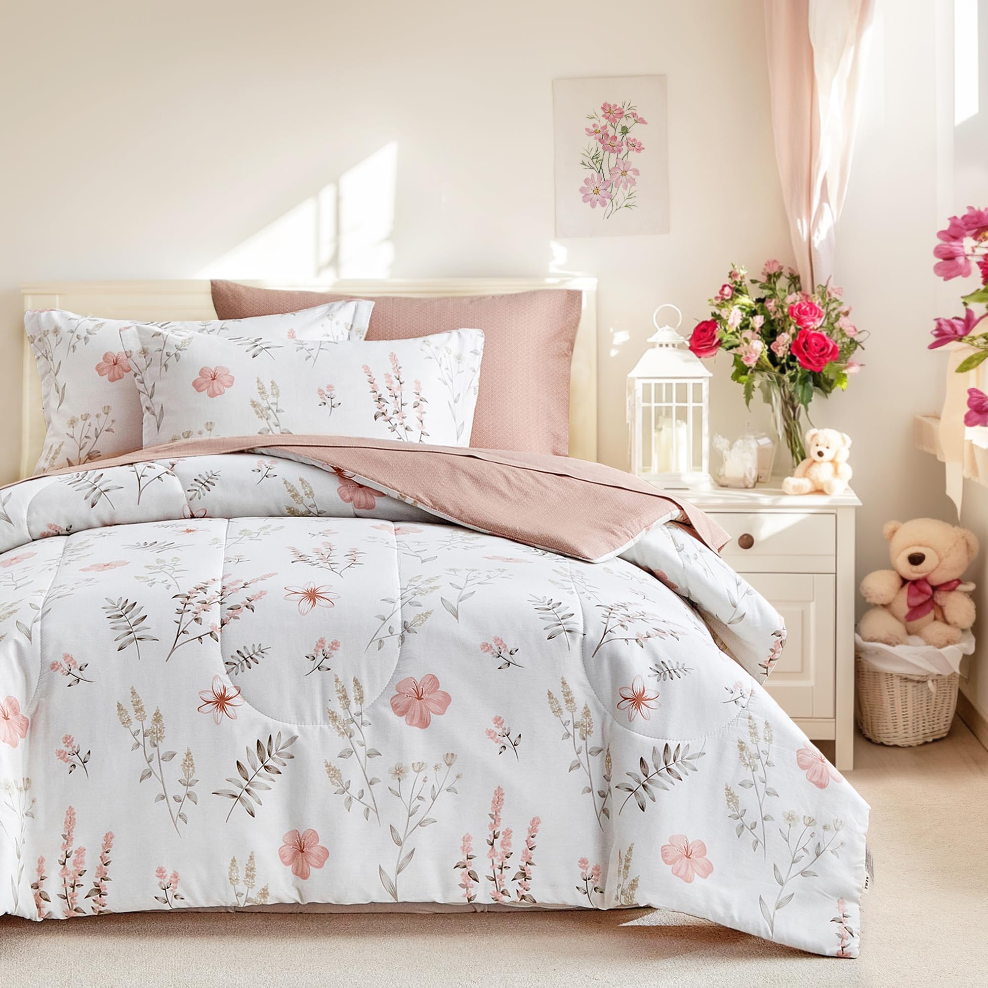 Joyreap 7pcs Cotton Comforter Sheet Set for Girls Queen Size Bed in a Bag Pink Flowers n Leaves