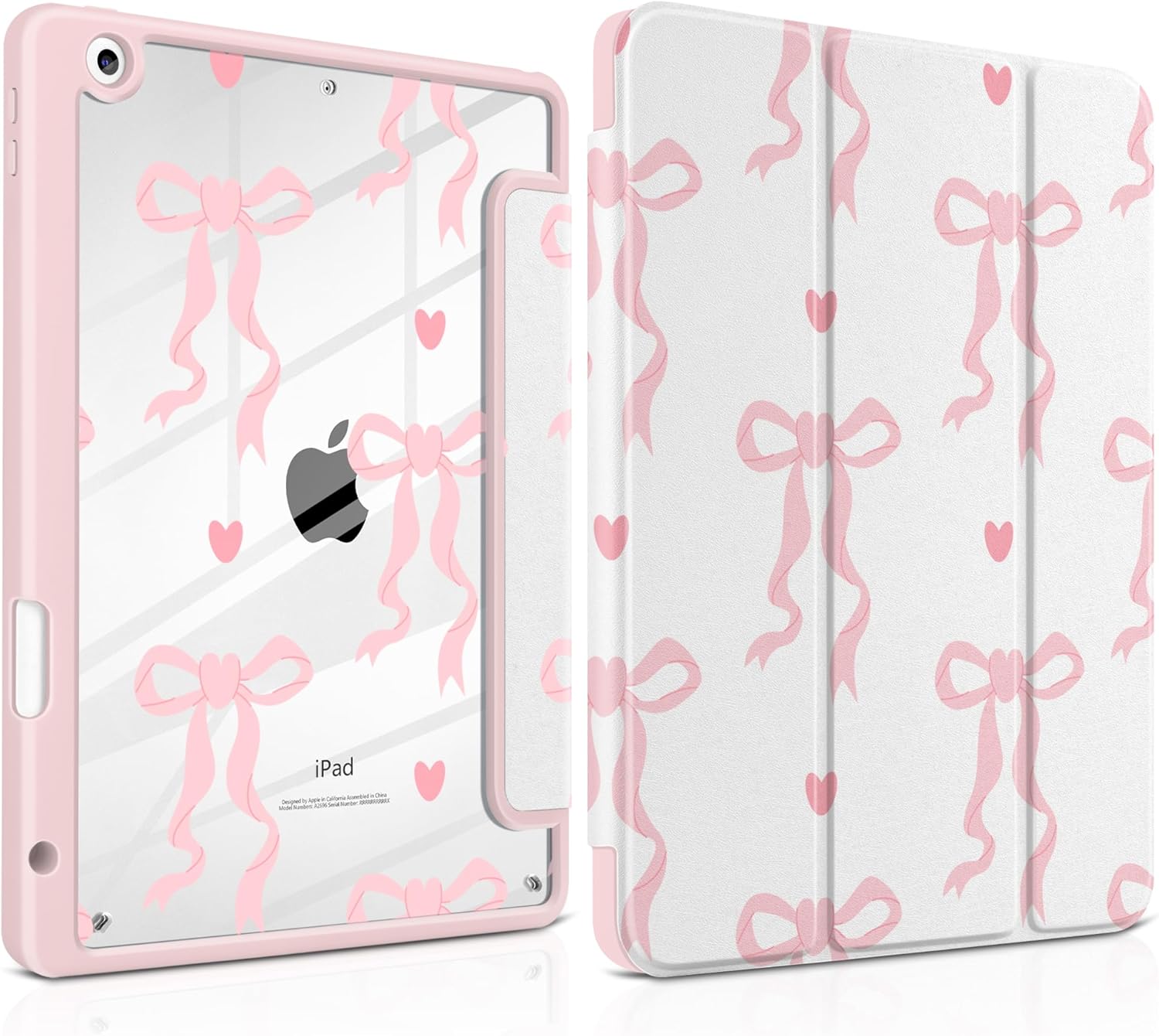 MEEgoodo Case for iPad 10.2 inch,Tablet Cases for iPad 9th Generation 2021/8th Gen 2020/7th Gen 2019 with Clear Acrylic Back Shell+Pencil Holder+Auto Wake/Sleep+Trifold Stand,Trendy Bow & Hearts