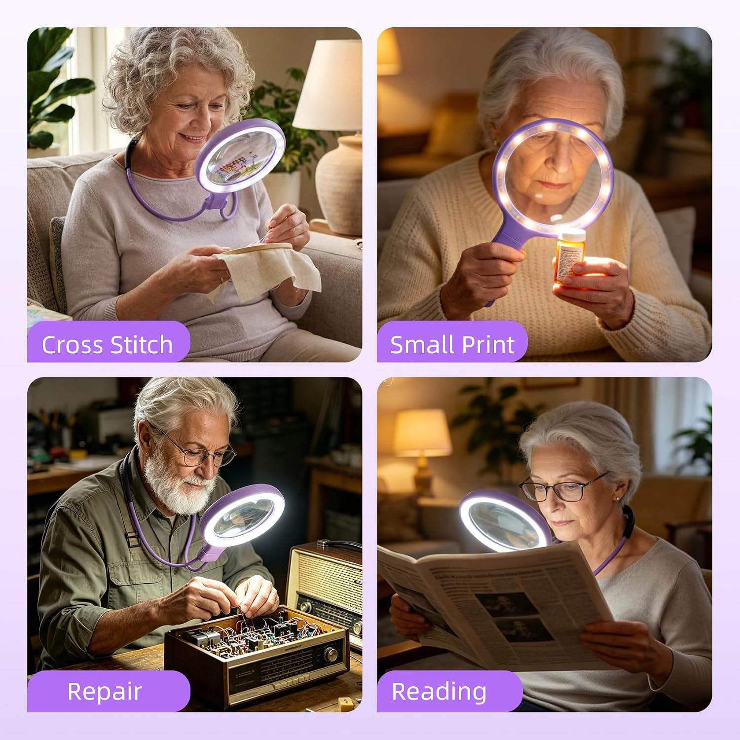 2-in-1 Hands Free Magnifying Glass with Light, Neck Wearable Magnifying Glasses with Adjustable Sponge Gooseneck, Rechargeable 5X&10X Handheld Magnifier for Close Work Reading Cross Stitch