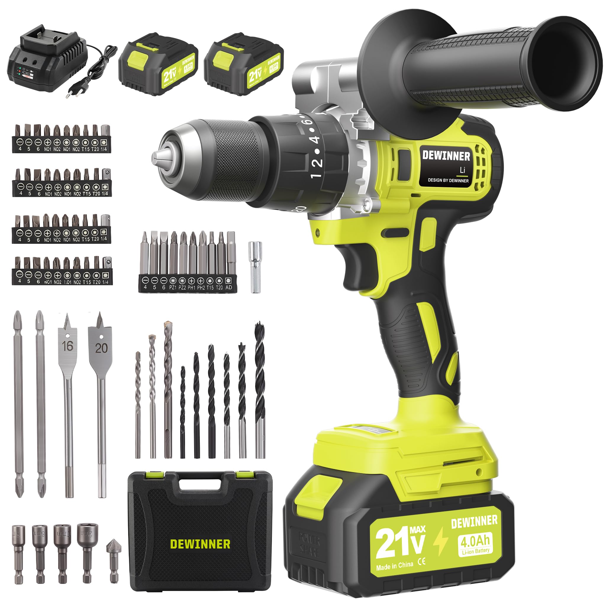 DEWINNER Taladro Atornillador Inalámbrico para Batería Makita de 21V 2 * 4,0 Ah Baterías,130 Nm Taladro Percutor Bateria,20+3 Configuraciones de Par,2 Velocidades, LED,76 Accesorios y Maletín
