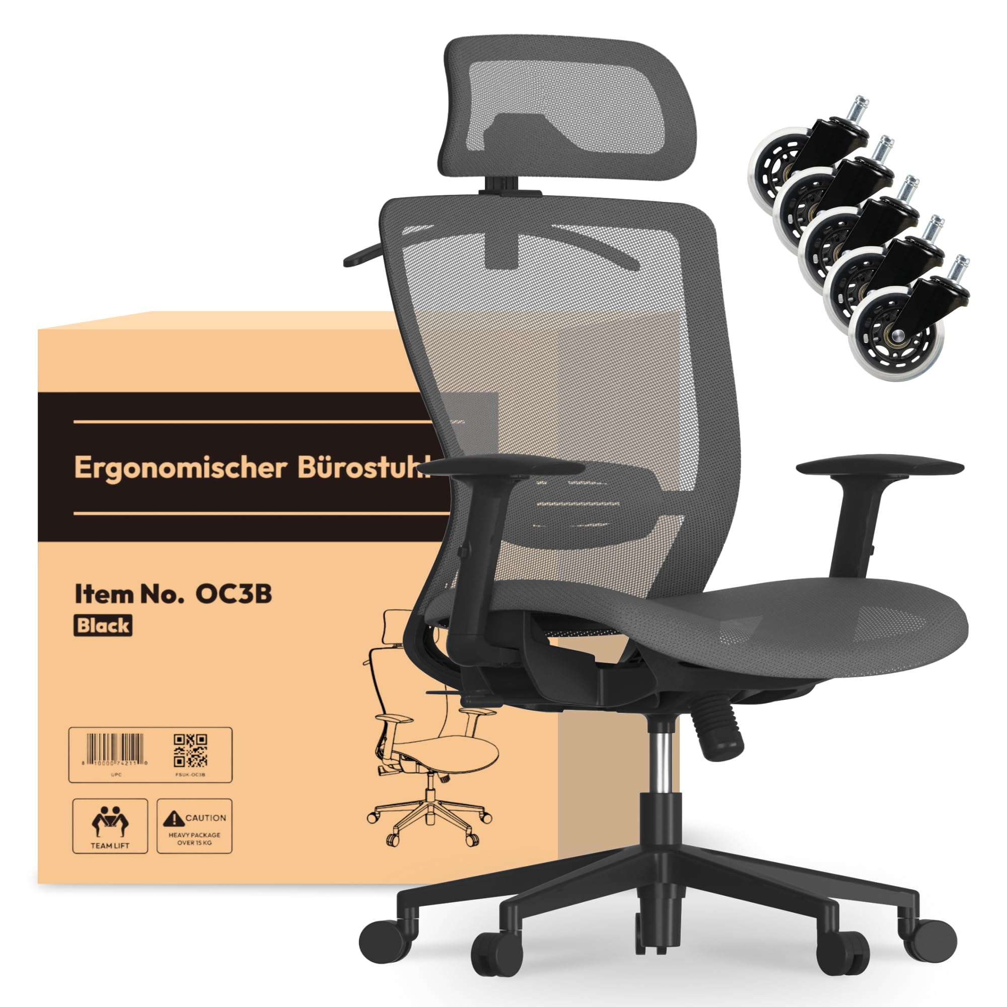 FLEXISPOT OC3 Ergonomic Office Chair Desk Chair with EXTRA PRO WHEELS Computer Chair Height Adjustable Seat Headrest Armrest Lumbar Support Caster Wheels Task Chair (grey)