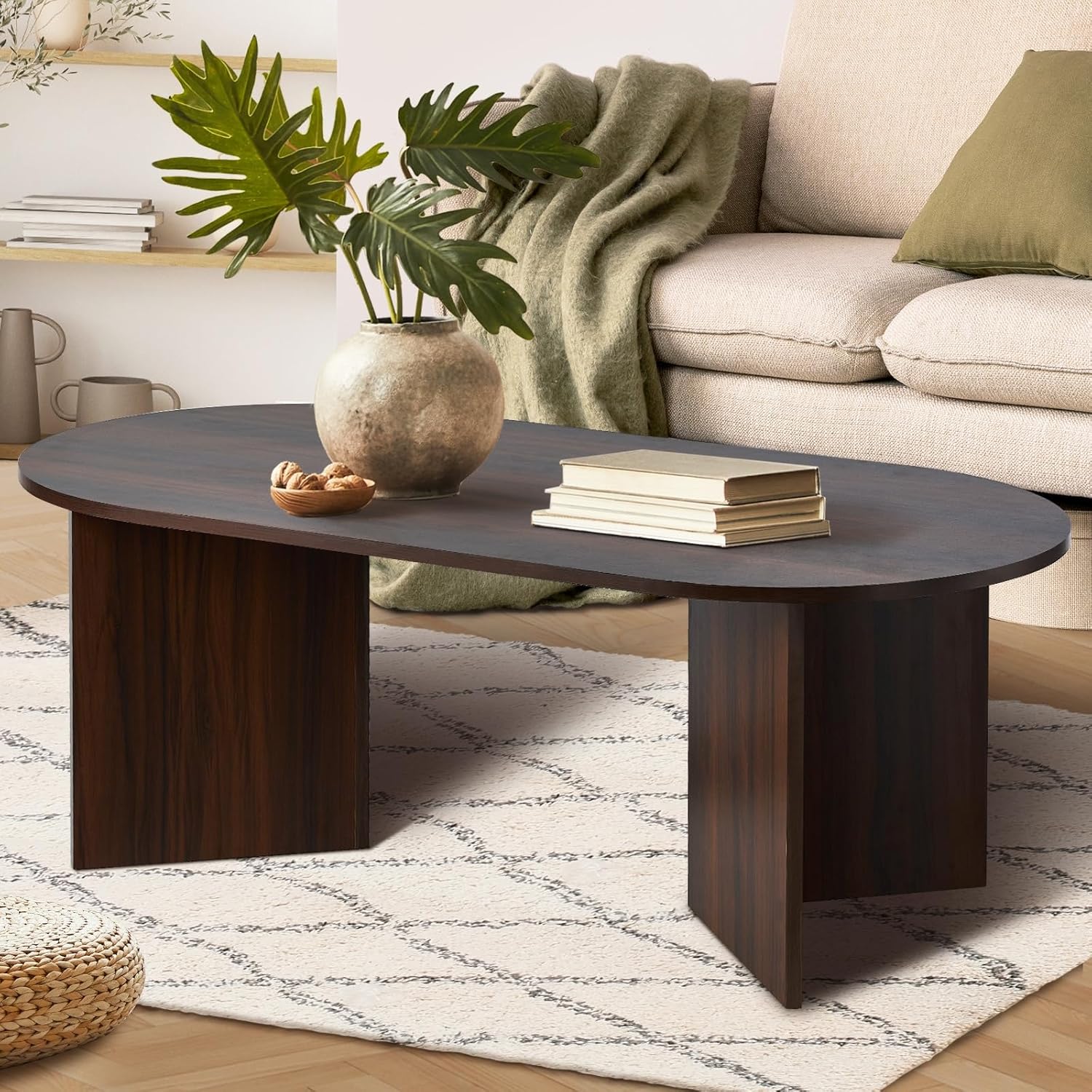 Oval Coffee Table Sofa End Table - Walnut Timber Finish Side Cafe Desk Living Room Accent Table Small Space Furniture Easy Assembly
