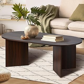 Oikiture Oval Coffee Table Sofa End Table - Walnut Timber Finish Side Cafe Desk Living Room Accent Table Small Space Furni...