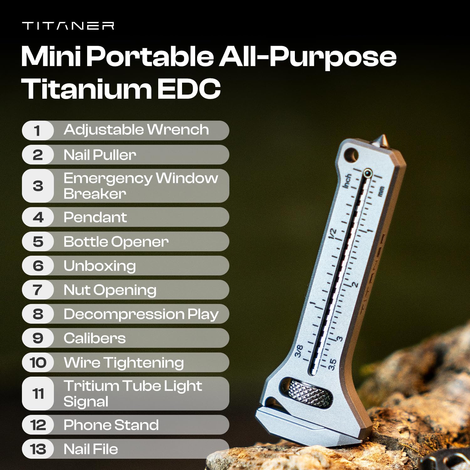 TiSpanner 2.0 Compact Titanium Multitool- EDC Adjustable Wrench with Bottle Opener, Nail Puller, Caliper & Phone Stand for Everyday Carry, Outdoor & Home Use