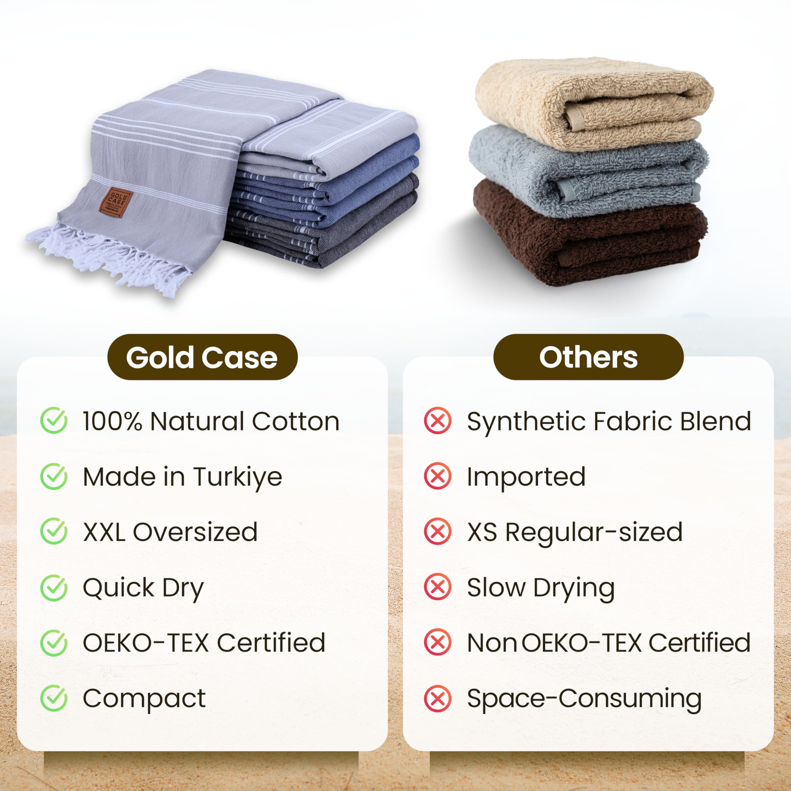 Gold CASE LYCIA Lot de 6 serviettes de plage turques 100 % coton – 177,8 x 96,5 cm – Serviettes de plage turques surdimensionnées à séchage rapide et anti-sable, légères dans les tons foncés