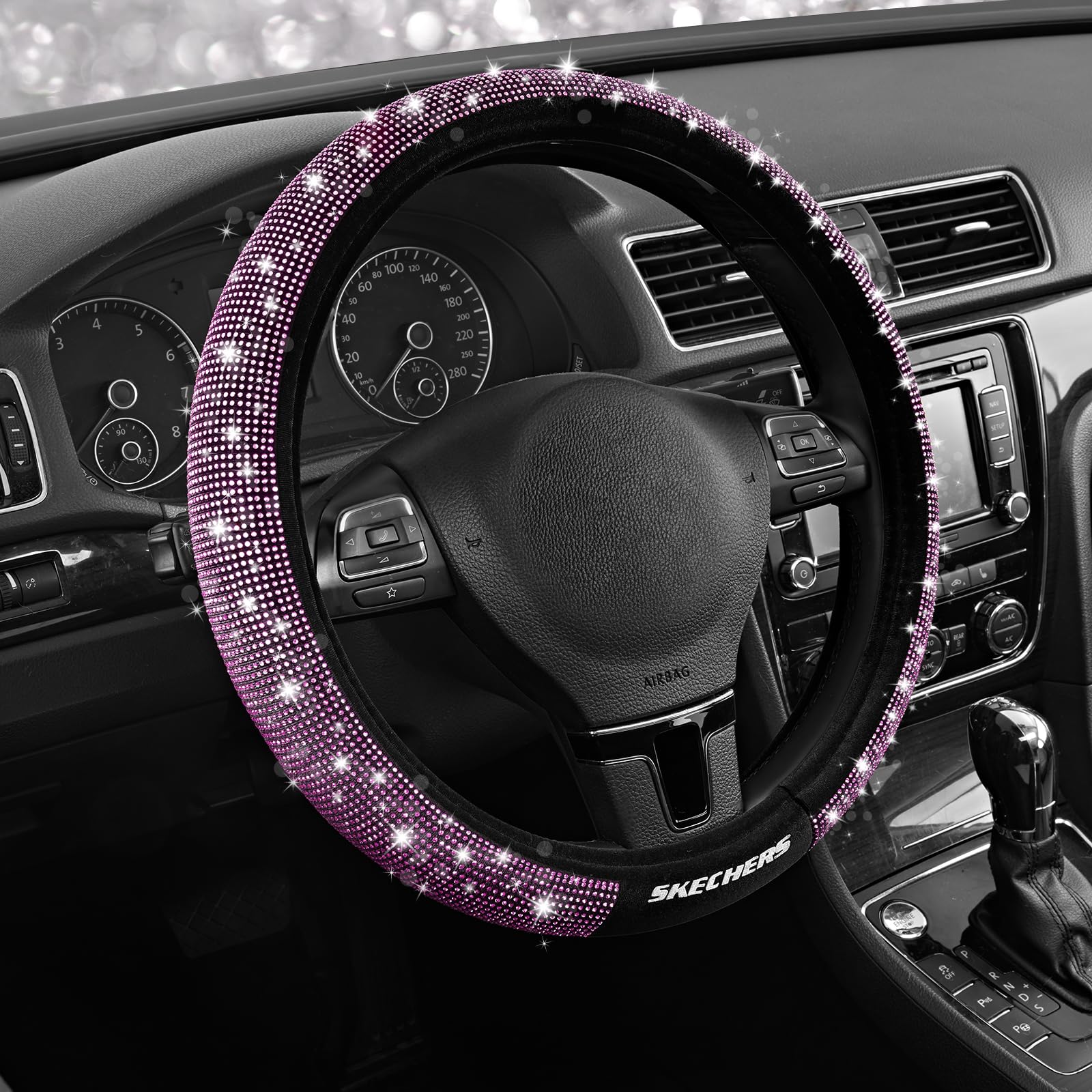 Skechers Women’s Bling Steering Wheel Cover, Velvet with Sparkly Crystal Rhinestones, Stylish Car Interior Gift, Universal Fit 14" 1/2-15" for Cars, SUVs, Trucks, Purple Diamond
