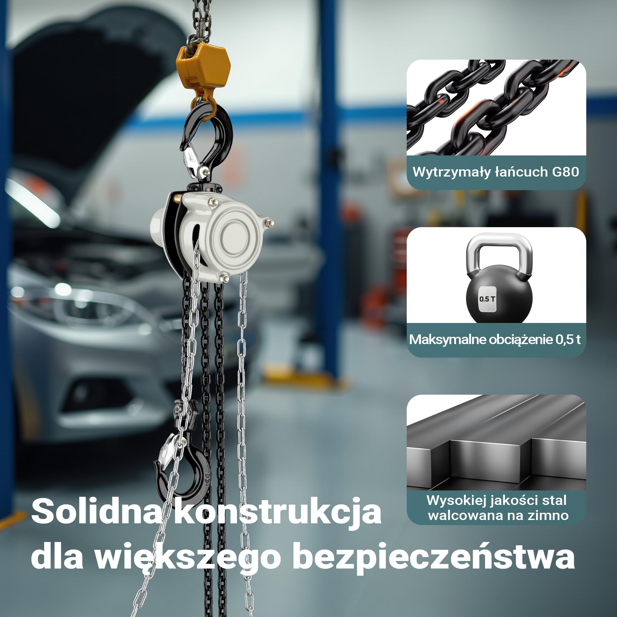Wiltec Wciągnik łańcuchowy o nośności do 500 kg i ocynkowanym łańcuchem G80 o długości 3 m, o lekkiej konstrukcji