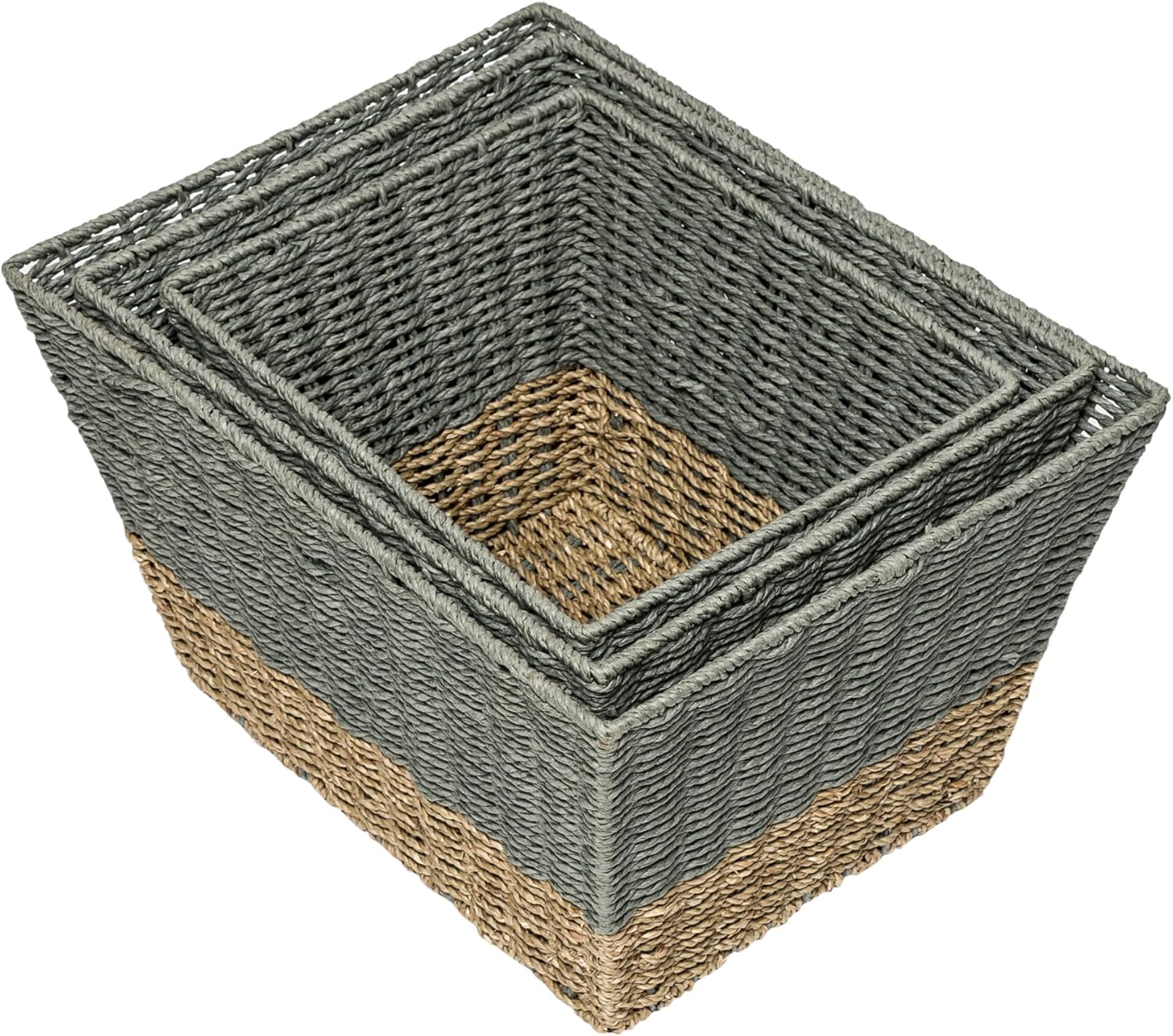 Honey-Can-Do Storage Basket 3 Piece Nesting Set, Two-Toned Natural Seagrass Woven Design, Multipurpose for Kitchen, Bedroom, Living Room, Laundry Room, Bathroom, Cabinets, Toys, Books and More