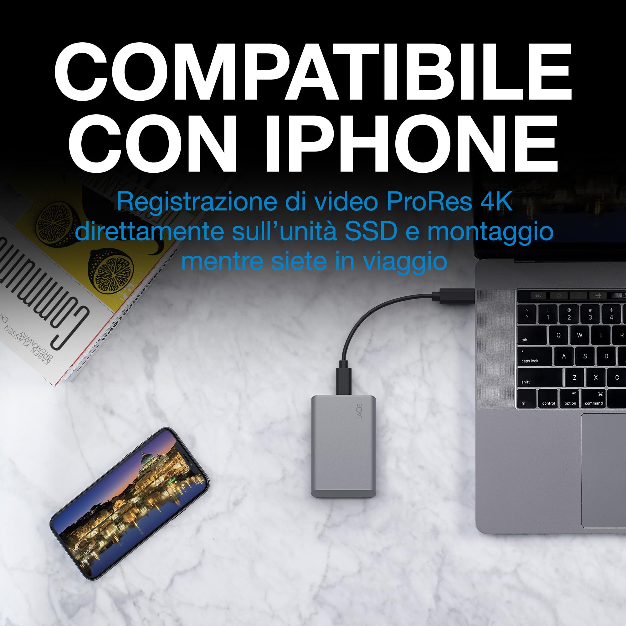 LaCie Mobile SSD Secure 2TB — design sottile, USB‑C SSD esterno portatile, Grey, per Mac e Windows — Rescue Data Recovery incluso