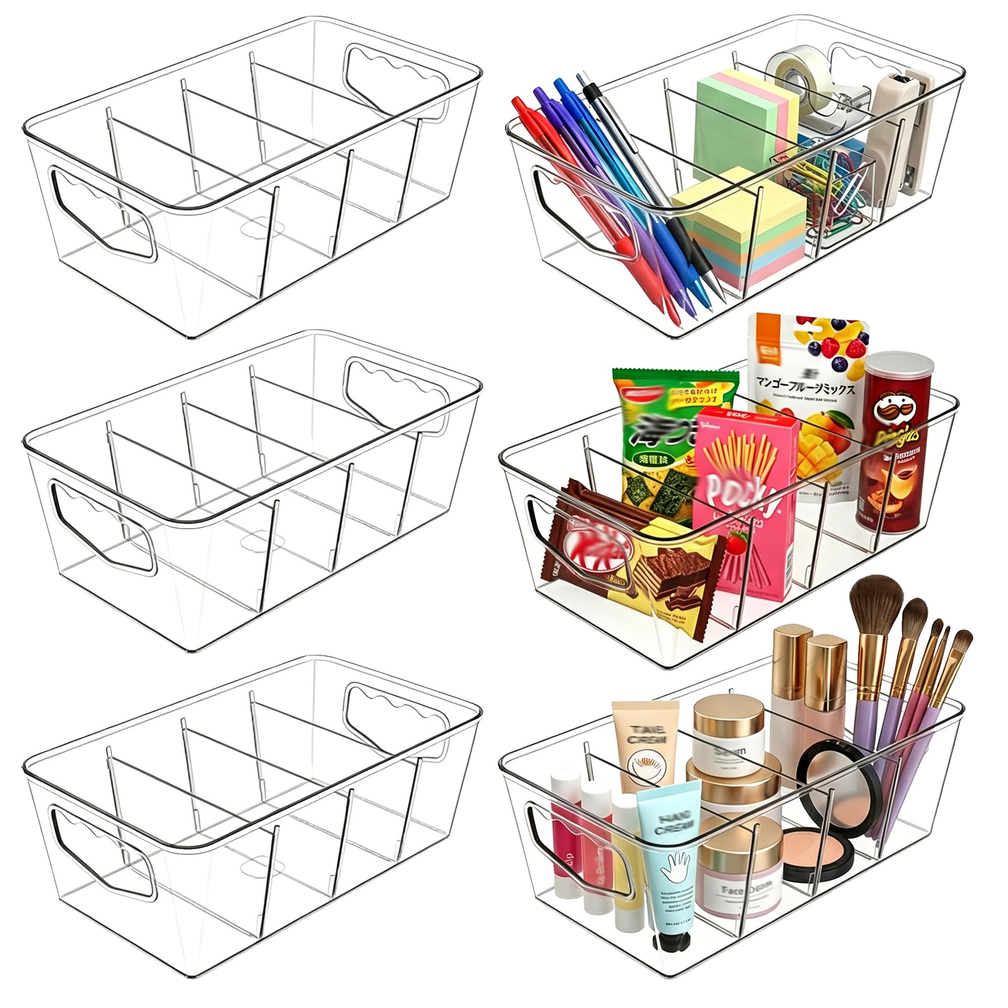 SPACELEAD 6 Pack Clear Pantry Organization Storage Bins with Dividers | Transform chaotic kitchen cabinets and refrigerators into a tidy food storage system. Easily find groceries and snacks.